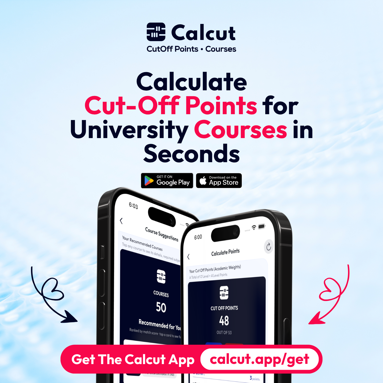 Calcut app — cut-off points and course suggestions screens